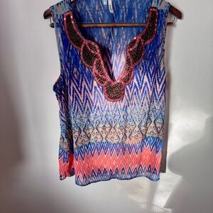 Studio Y Women Tank Size XL Blue Beaded Cut V-Neck Boho Keyhole Back Top Sheer